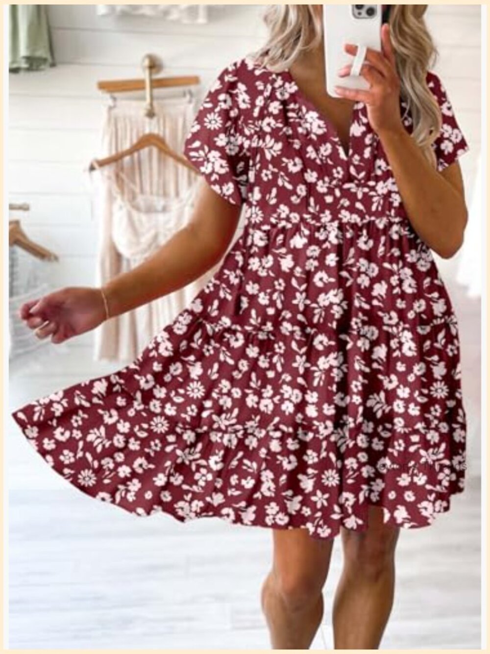 V-Neck Short Sleeve Floral Swing A-Line Mini Dress - Picture 2 of 5